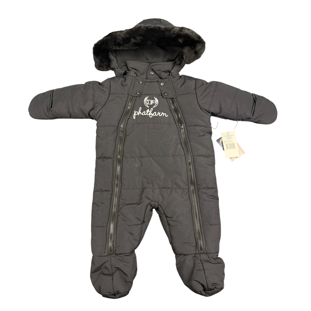 Vintage Phat Farm Baby Black Puffer Snowsuit Faux Fur Hood 3-6M NWOT
